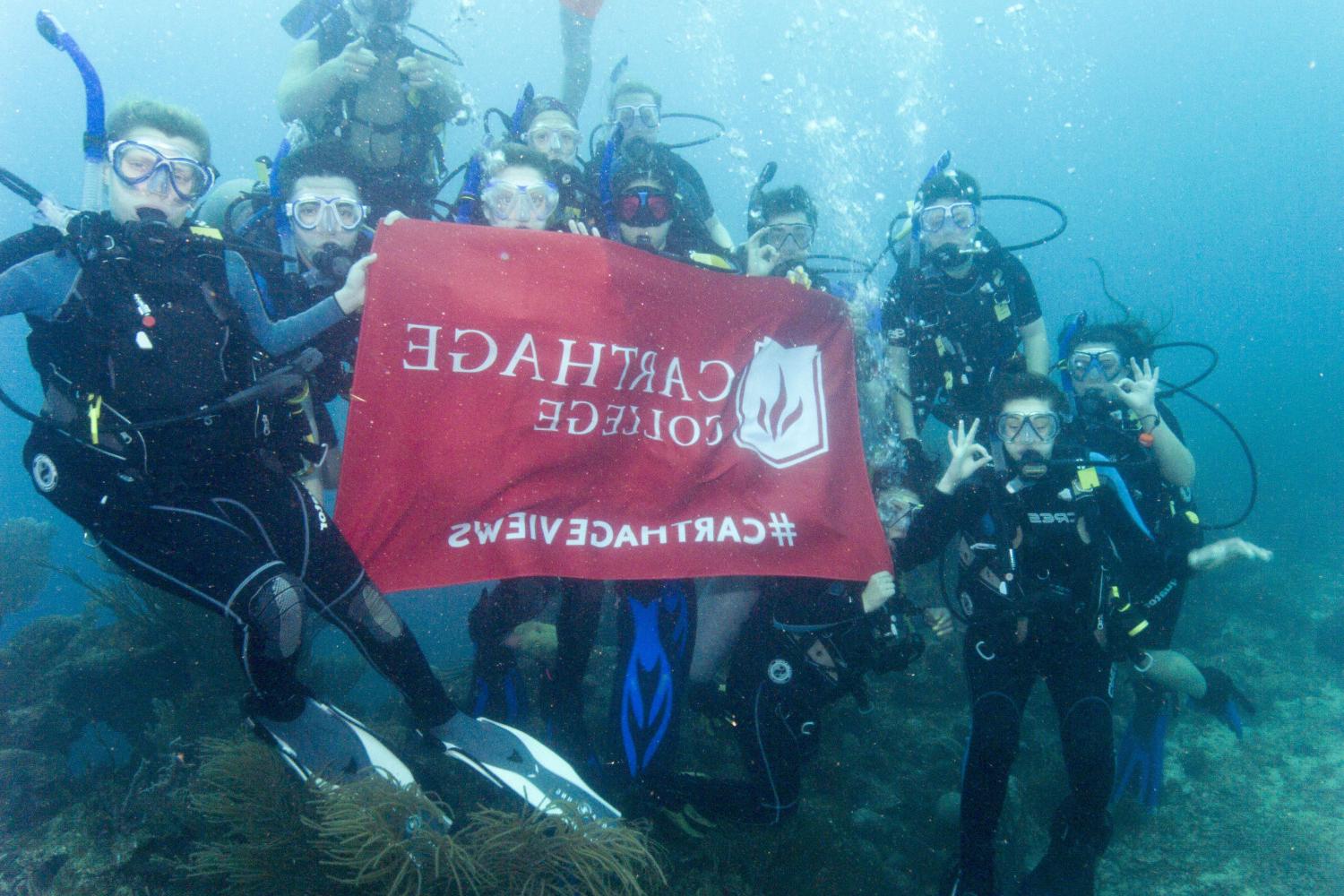 学生们手持<a href='http://e.vomlauterbach.com'>bv伟德ios下载</a>旗帜，在j学期洪都拉斯游学之旅中潜水.